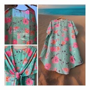 INTERI Floral Kimono Swim Cover Up S Oversized Mint Pink Sheer Beach Summer Boho